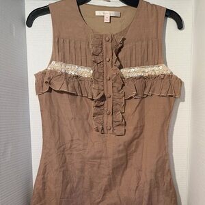 Sleeveless Ruffle Trim Brown Dress with Sequin Band